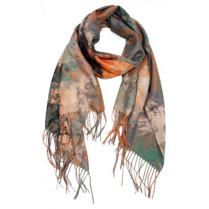 FOULARD IMPRIME DESSIN ABSTRAIT ET FRANGES