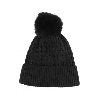 KNITTED HAT WITH TURN UP AND POMPON