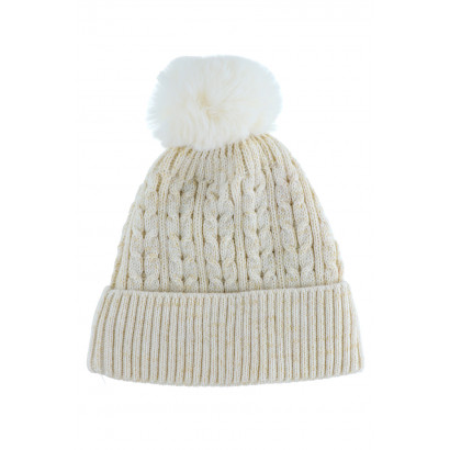 KNITTED HAT WITH TURN UP AND POMPON