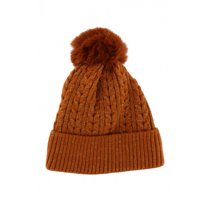 KNITTED HAT WITH TURN UP AND POMPON