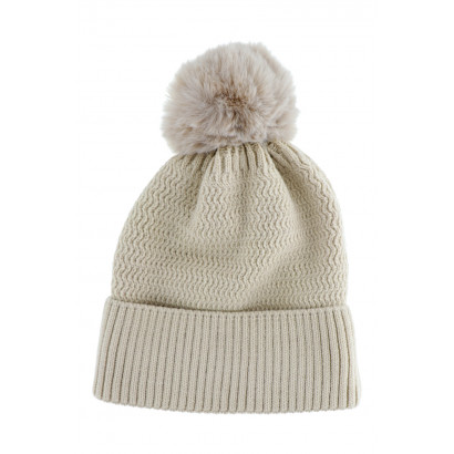 KNITTED HAT WITH TURN UP AND POMPON