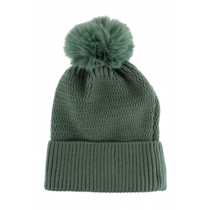 KNITTED HAT WITH TURN UP AND POMPON