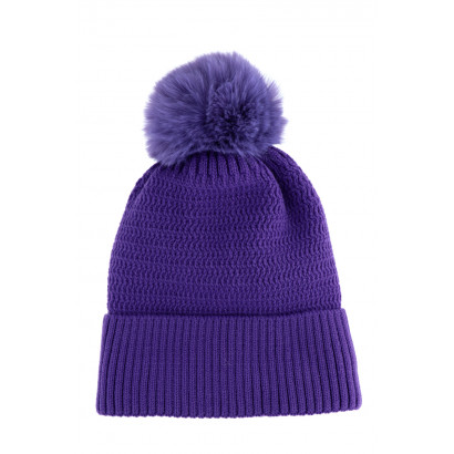 KNITTED HAT WITH TURN UP AND POMPON