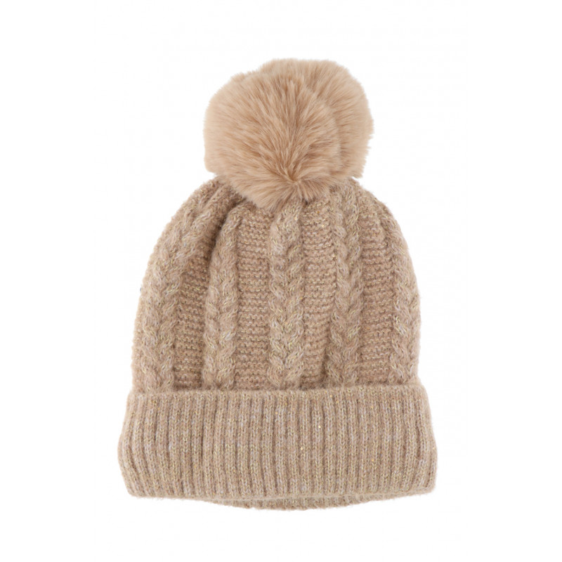 CABLE KNITTED HAT WITH POMPON IN FAKE FUR