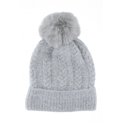 CABLE KNITTED HAT WITH POMPON IN FAKE FUR