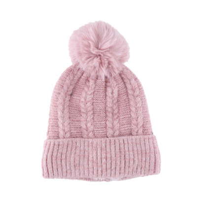 BONNET TRICOTE TORSADES AVEC POMPON FAUSSE FOURRUR