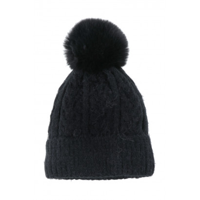 CABLE KNITTED HAT WITH POMPON IN FAKE FUR