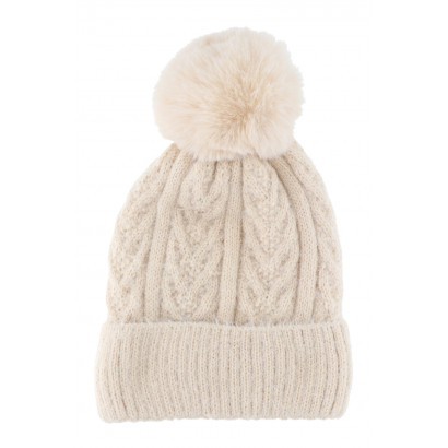 CABLE KNITTED HAT WITH POMPON IN FAKE FUR