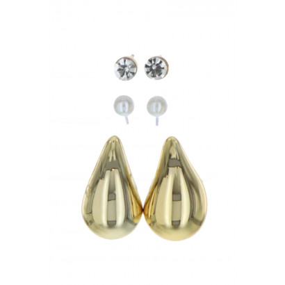 SET: 3 EARRINGS DROP SHAPE BOLD, PEARLS AND STRASS