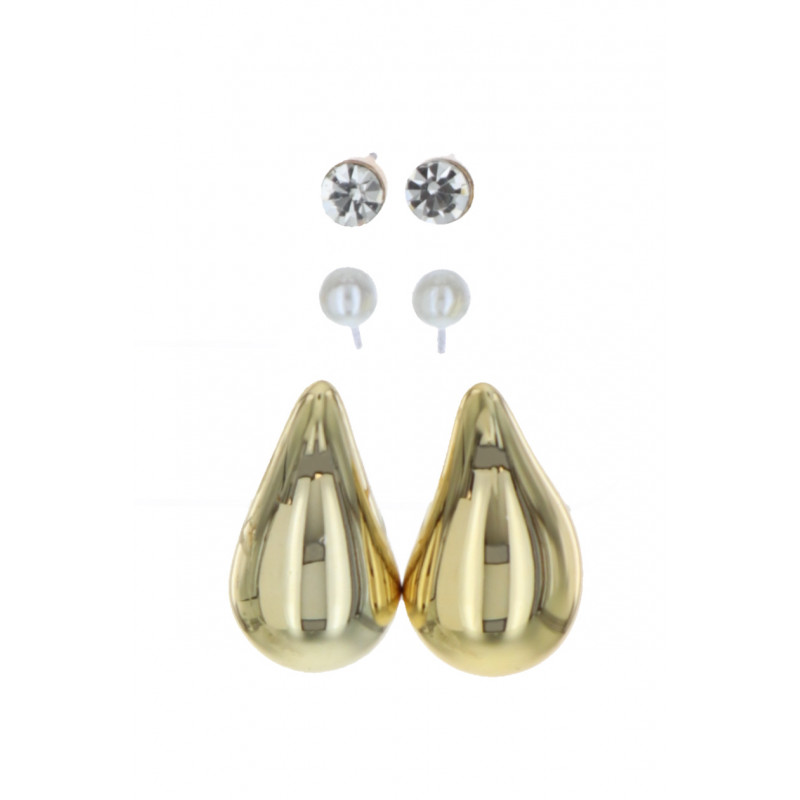 SET: 3 EARRINGS DROP SHAPE BOLD, PEARLS AND STRASS