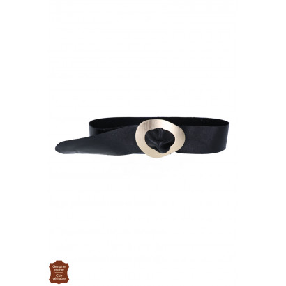 SHINY LEATHER BELT WITH ASYMMETRIC METALLIC BUCKLE