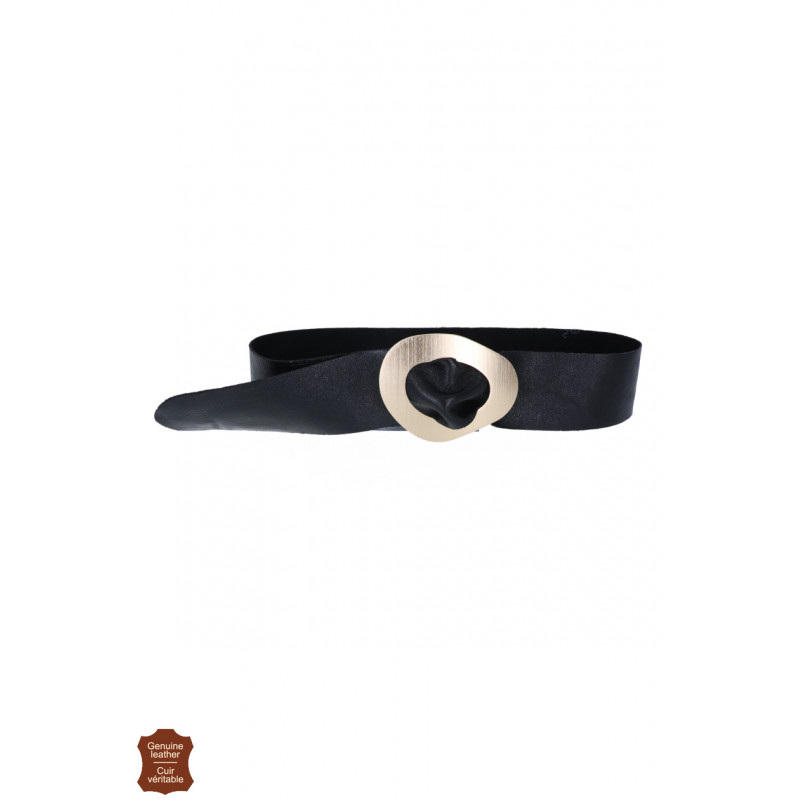 SHINY LEATHER BELT WITH ASYMMETRIC METALLIC BUCKLE