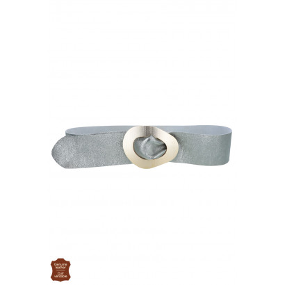 SHINY LEATHER BELT WITH ASYMMETRIC METALLIC BUCKLE