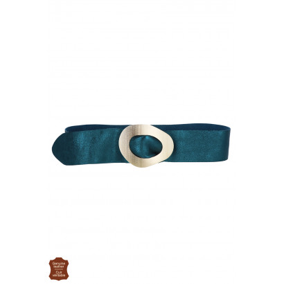 SHINY LEATHER BELT WITH ASYMMETRIC METALLIC BUCKLE