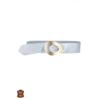 SHINY LEATHER BELT WITH ASYMMETRIC METALLIC BUCKLE