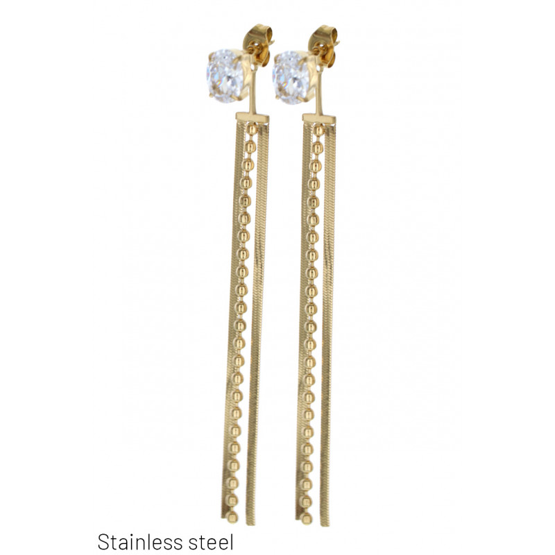 BOUCLES D'OREILLES ACIER, FRANGES EN CHAINE, STRAS