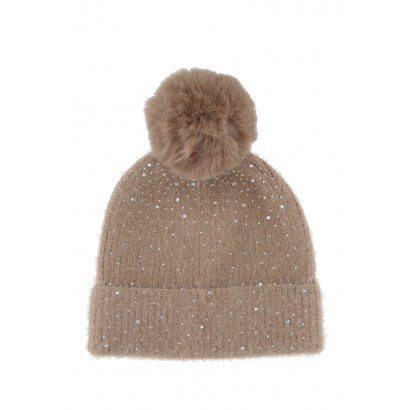 KNITTED HAT WITH TURN UP, STRASS AND POMPON