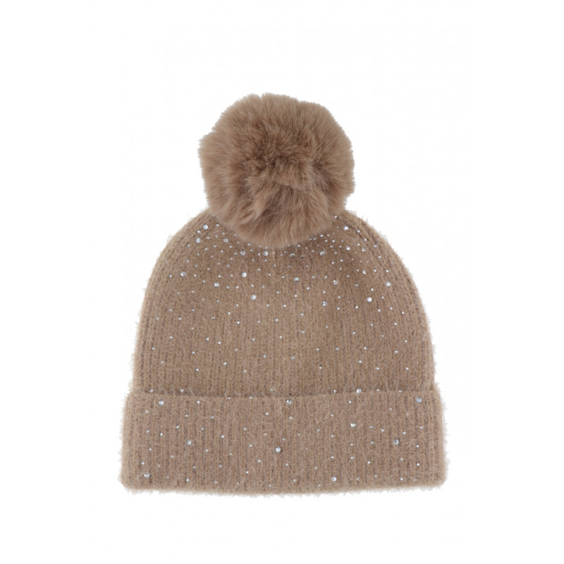 BONNET TRICOTÉ AVEC REVERS, STRASS ET POMPON