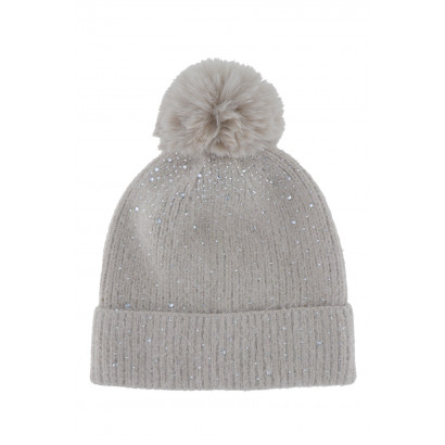 KNITTED HAT WITH TURN UP, STRASS AND POMPON