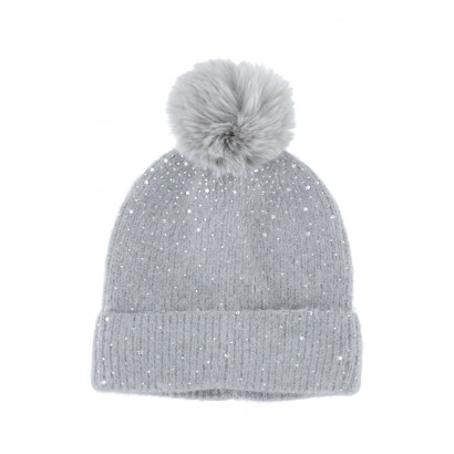 KNITTED HAT WITH TURN UP, STRASS AND POMPON