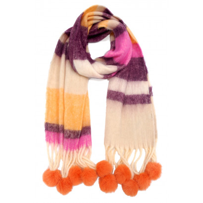 WINTER SCARF WITH LINES AND POMPOMS