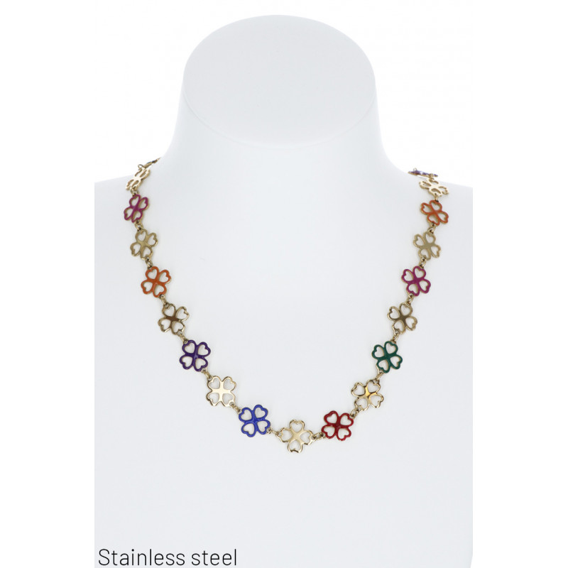 STEEL NECKLACE WITH COLORED FOUR LEAF CLOVER