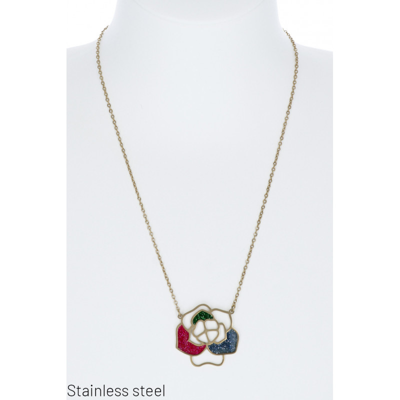 STAAL KETTING MET BLOEMEN EN GLITTERS