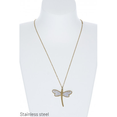 STAINL.STEEL NECKLACE WITH DRAGONFLY AND PEARL