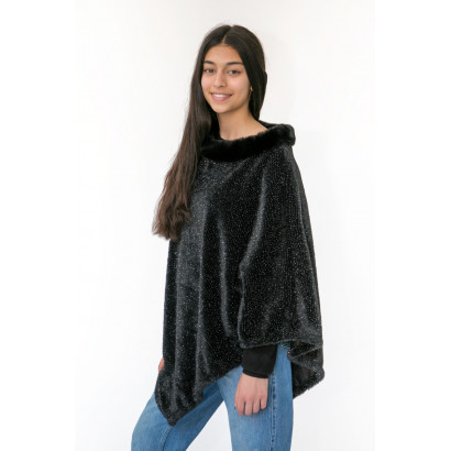 PONCHO WITH COLLAR AND FAKE FUR TRIM