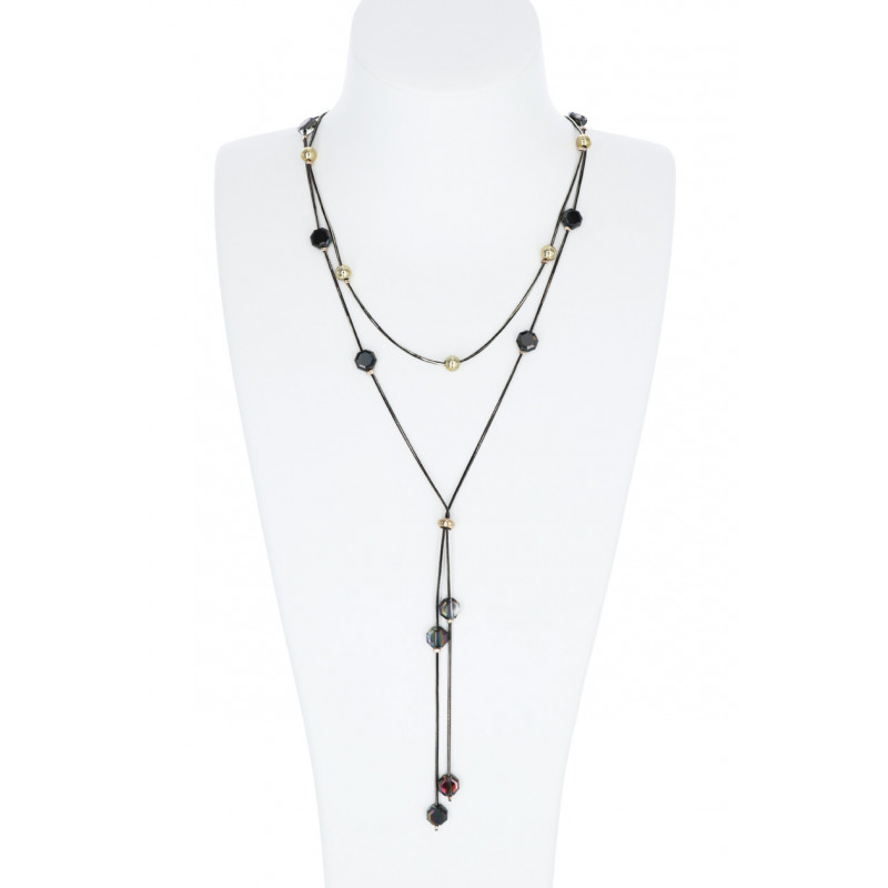 2 ROWS STEEL NECKLACE, METAL BEADS AND TASSEL