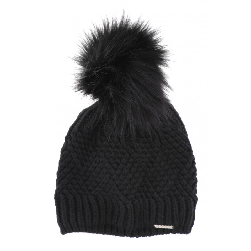 CABLE KNITTED HAT WITH POMPON IN FAKE FUR