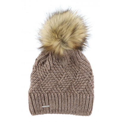 CABLE KNITTED HAT WITH POMPON IN FAKE FUR