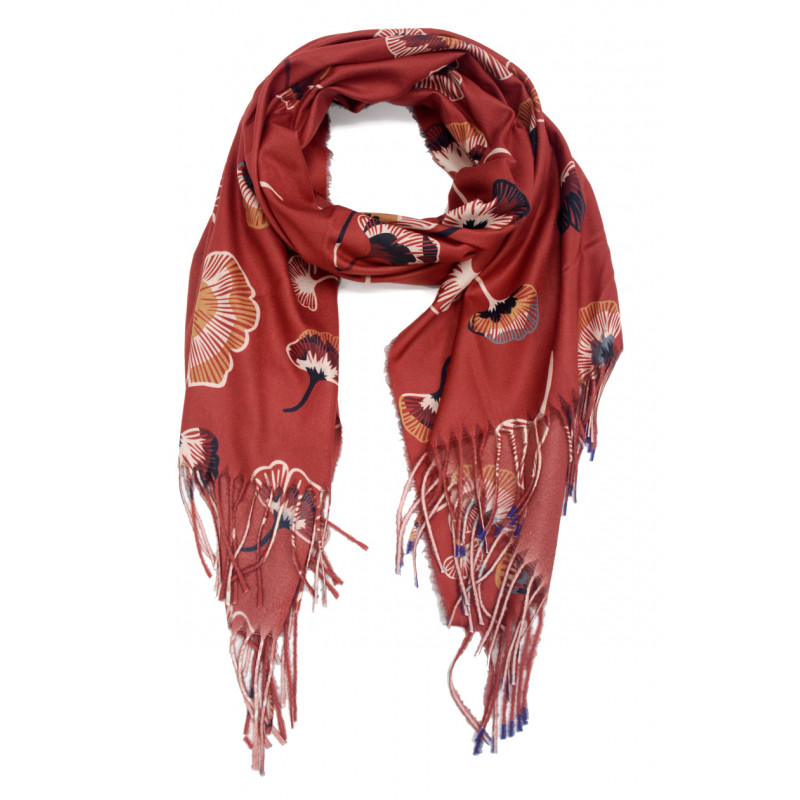 FOULARD IMPRIME FEUILLES ET FRANGES