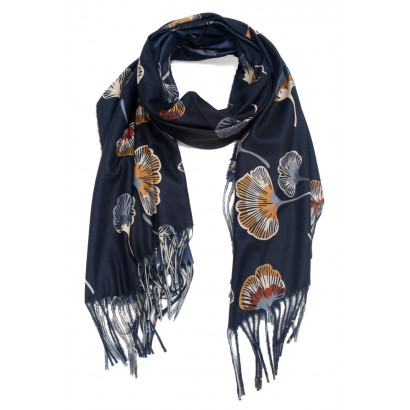 FOULARD IMPRIME FEUILLES ET FRANGES