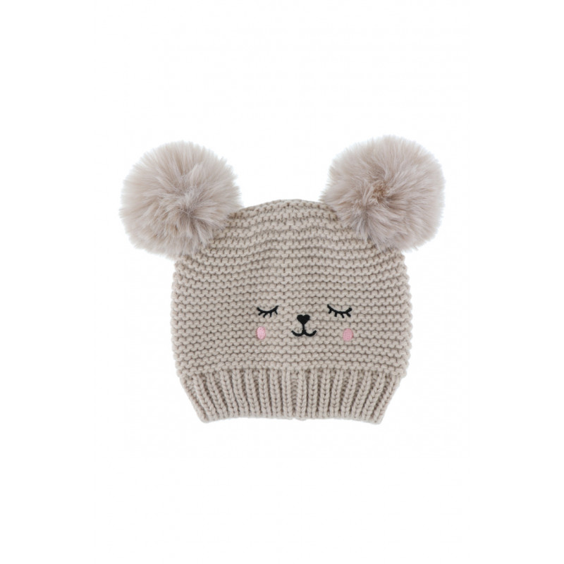 KIDS KNITTED HAT WITH TWO POMPONS AND BEAR FACE