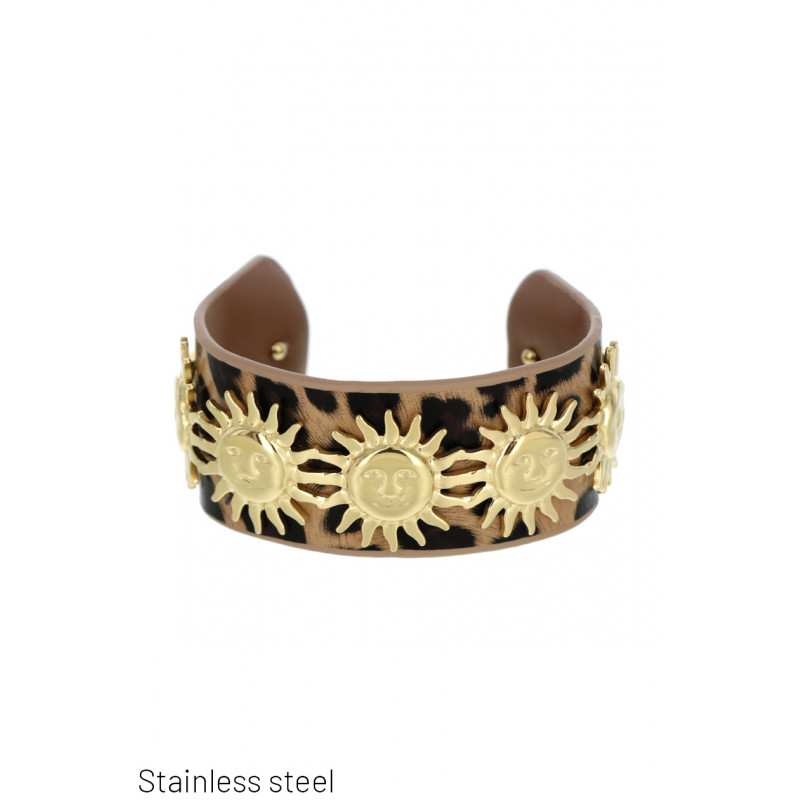 STEEL RIGID BRACELET WITH SUNS & PU ANIMAL PRINT