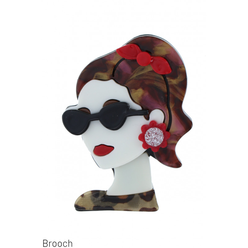 BROOCH WITH LADY WITH SUNGLASSES, BOW IN HAIR