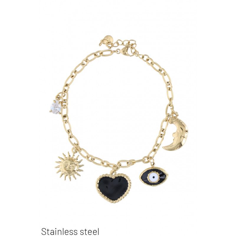 BRACELET MAILLON EN ACIER, COEUR, SOLEIL, STRASS