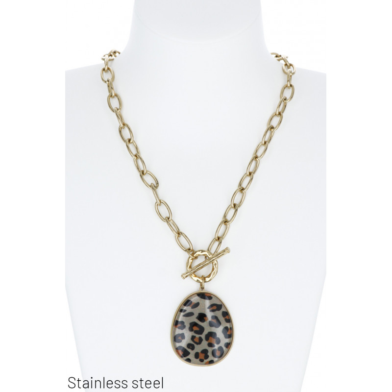 ST.STEEL THICK LINK NECKLACE & ANIMAL PRINT PENDAN