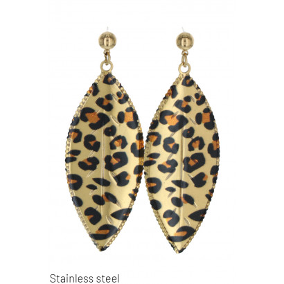 STEEL EARRING LEAVES SHAPE WITH ANIMAL PRINT