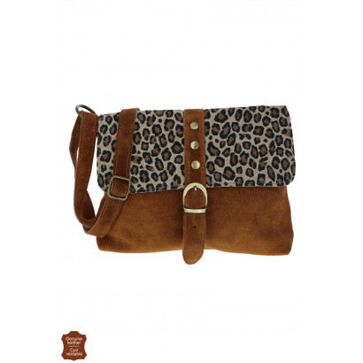 TILY, SAC À BANDOULIERE EN DAIM IMPRIMÉ LEOPARD