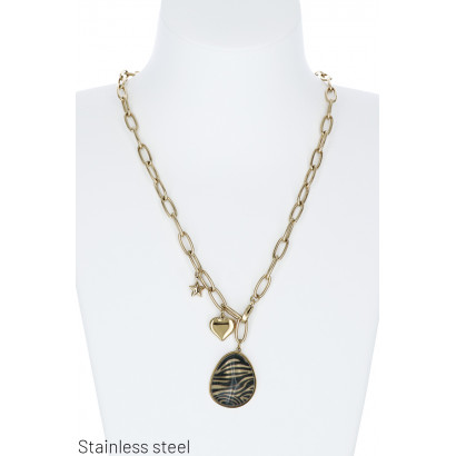 ST.STEEL THICK LINK NECKLACE & ANIMAL PRINT PENDAN