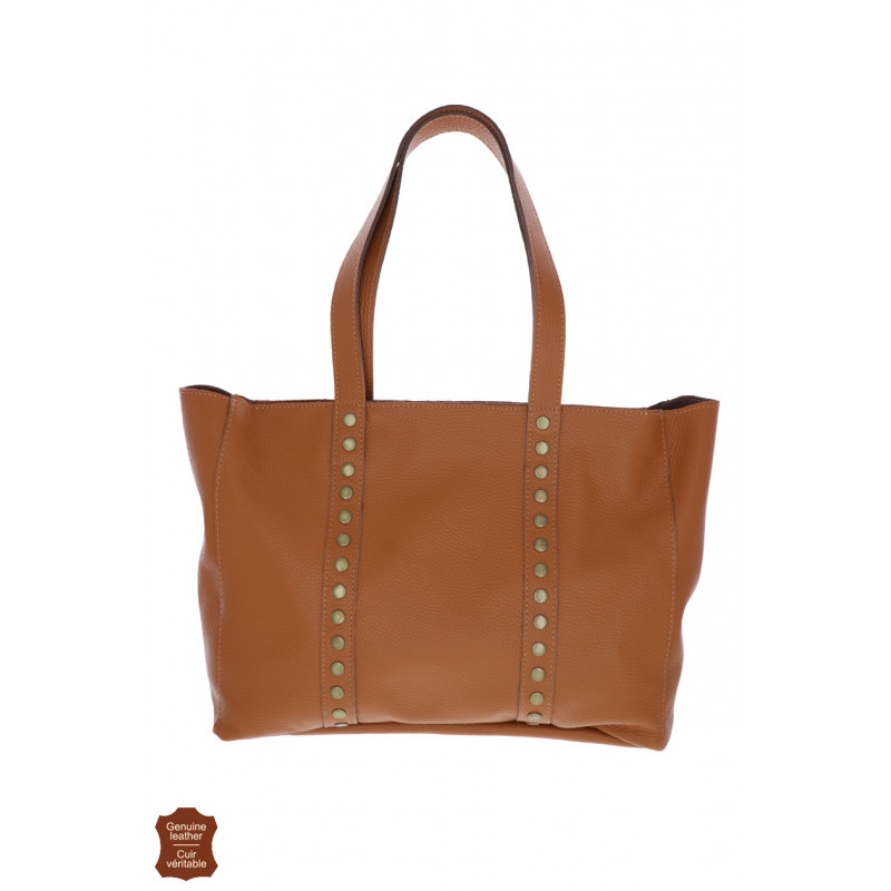 LISE, SAC SHOPPING CUIR DE COULEUR UNIE ET CLOUS