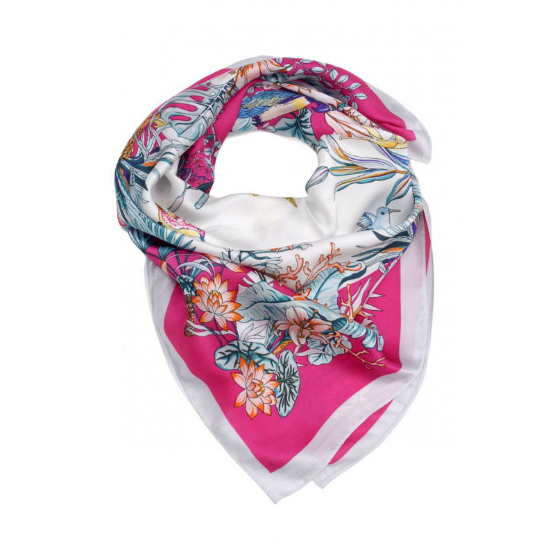 SQUARE POLYSILK SCARF WITH FLOWERS PATTERN