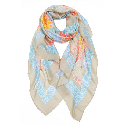 POLYSILK SCARF WITH FLOWERS AND ABSTRACT PATTERN