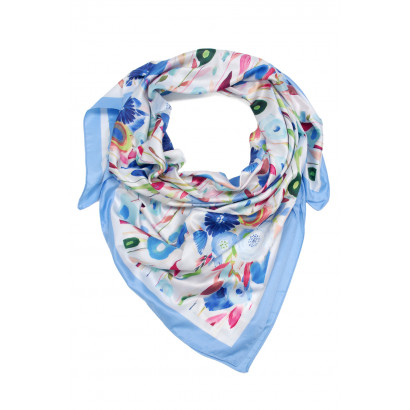 SQUARE POLYSILK SCARF WITH FLOWERS PATTERN