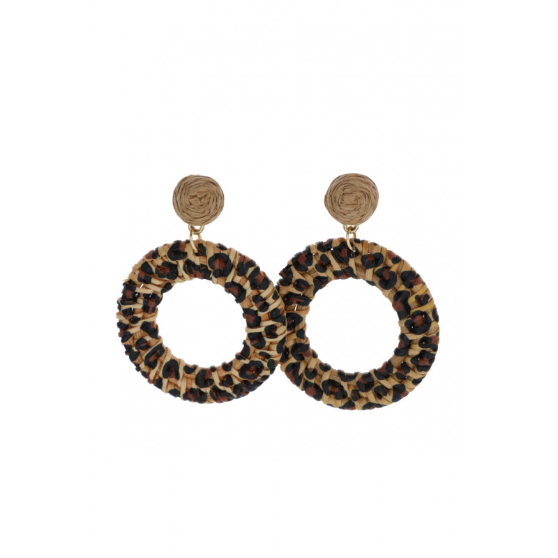 EARRINGS ROUND SHAPE, RING IN RAFFIA, LEOPARD PRIN