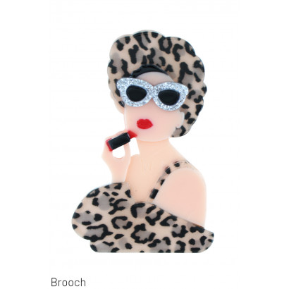 BROOCH WITH LADY, SUNGLASSES, LIPSTICK, LEOPARD