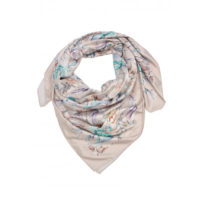 SQUARE POLYSILK SCARF WITH FLOWERS PATTERN