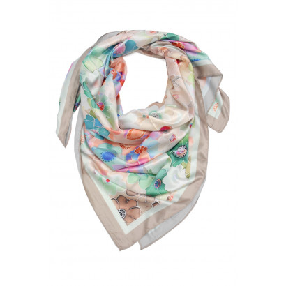 SQUARE POLYSILK SCARF WITH FLOWERS PATTERN